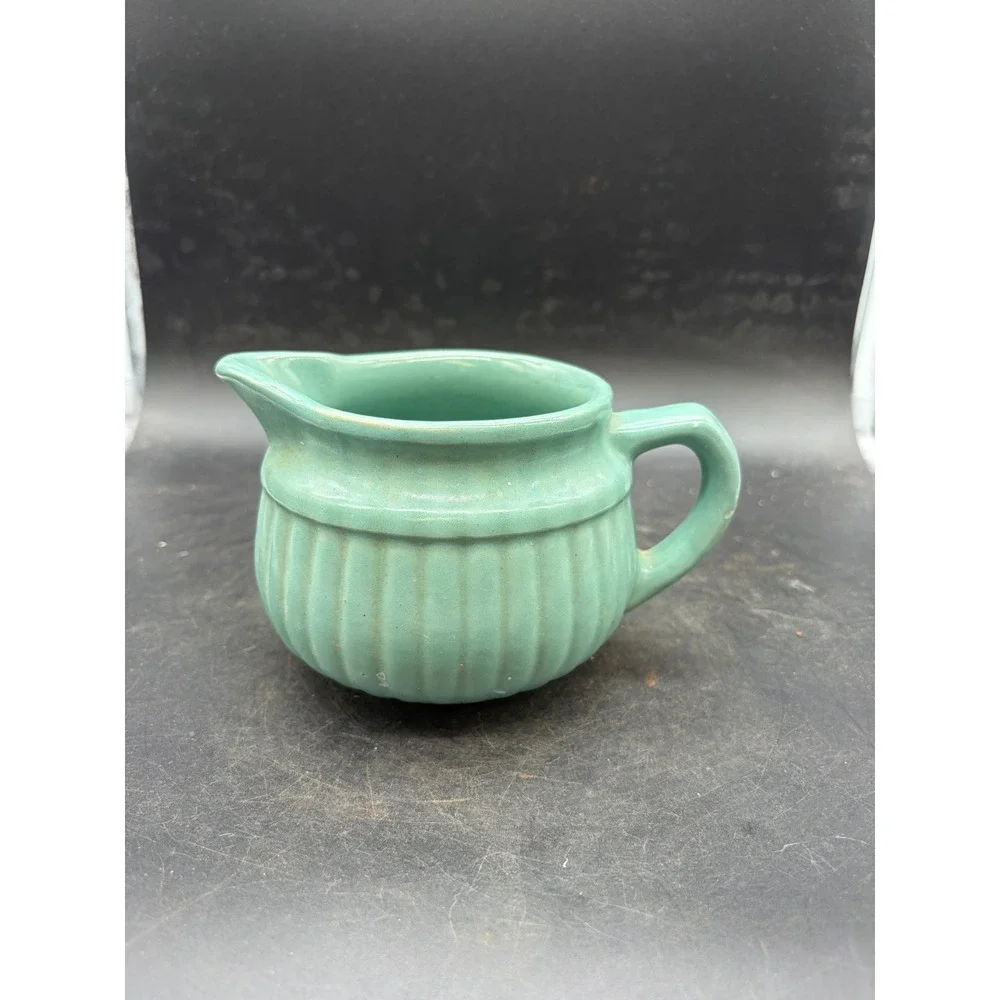 Vintage Seafoam Green Ribbed Ceramic Creamer Pitcher Fluted Pottery